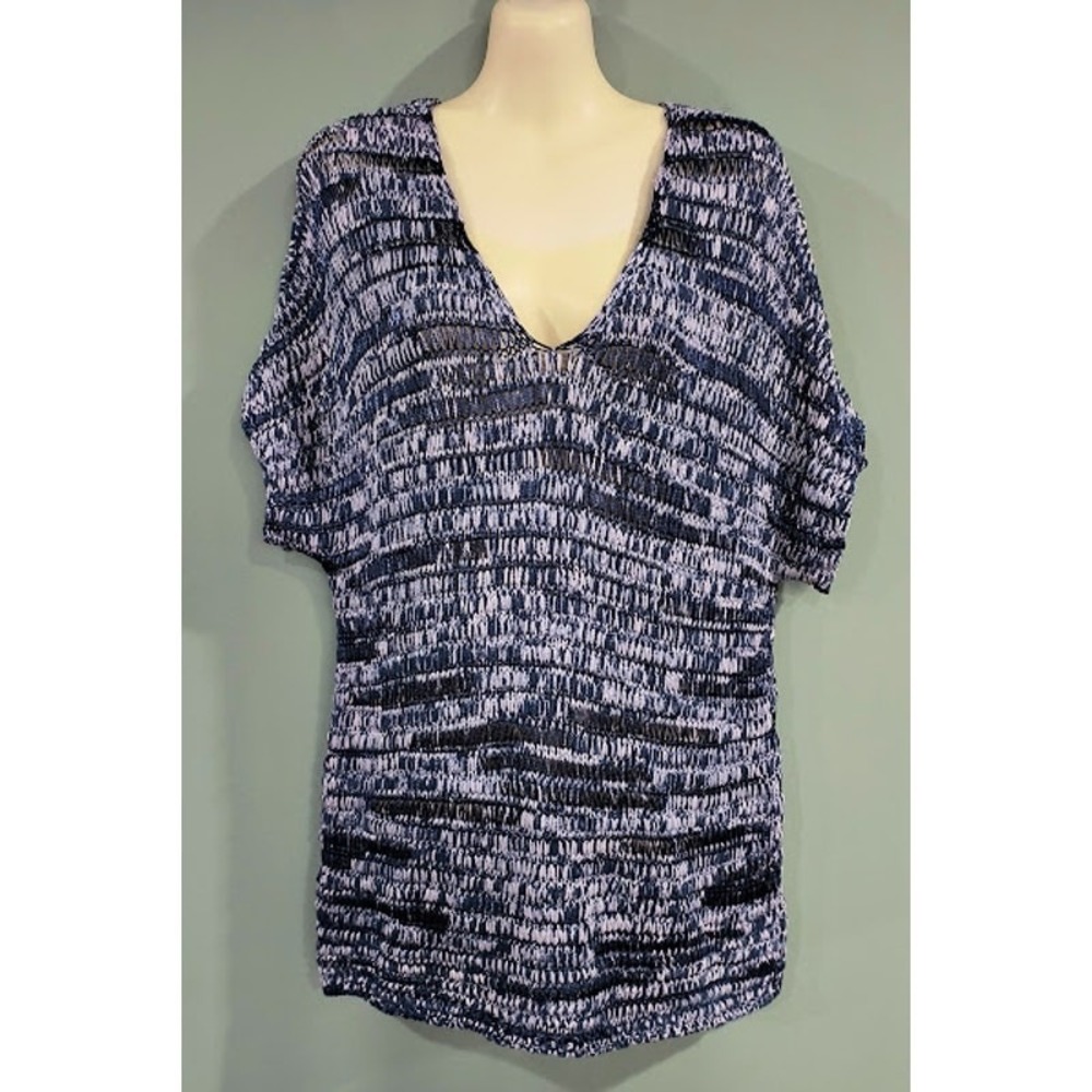 Eileen Fisher Variegated Cap Sleeve V-Neck‎ Sweater, Blues, Size L